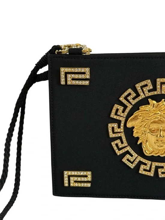 Gianni Versace Couture Vintage Medusa Satin Shoulder Bag Black Gold Rhinestone - Picture 3 of 12